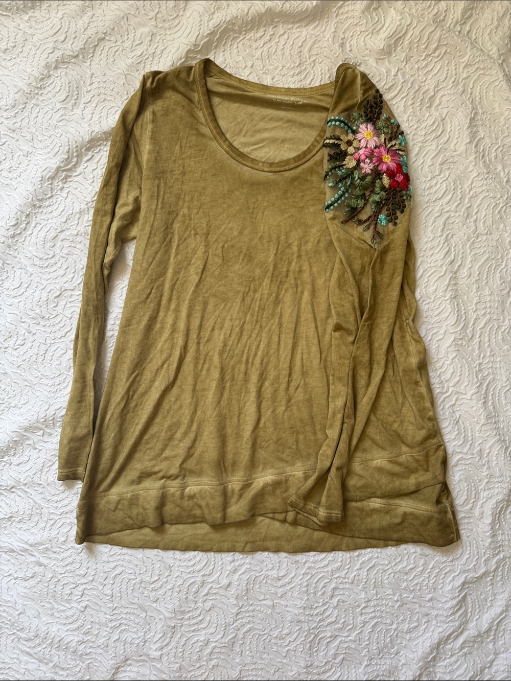 Soft Surroundings Olive Green Long Sleeve Top with Embroidered Floral Shoulder